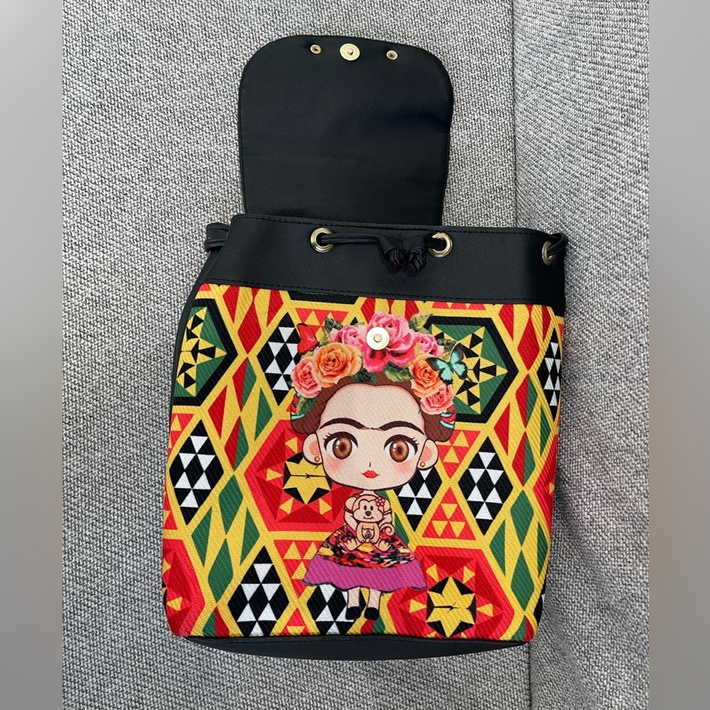 Frida Kahlo Vibrant Black and Red Geometric Backpack Puse - Picture 6 of 16